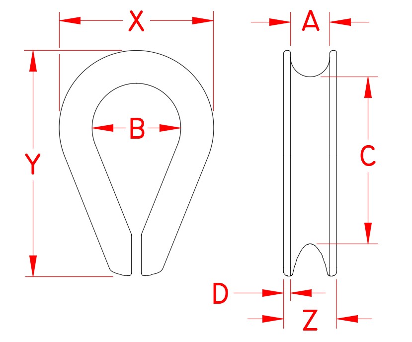 Stainless Steel Heavy Duty Thimble, S0127-0005, S0127-0007, S0127-0008, S0127-0010, S0127-0012, S0127-0013, S0127-0014, S0127-0016, S0127-0020, S0127-0022, S0127-0025, S0127-0032, Line Drawing